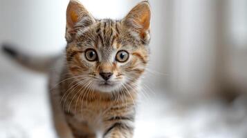 A curious tabby kitten wanders joyfully in a bright room photo