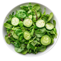 Fresh green salad with cucumbers and mixed leafy greens in a white bowl on a clean surface png
