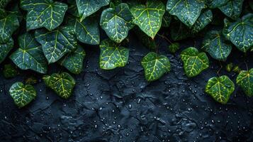Vibrant green ivy cascades over a dark backdrop glistening with raindrops photo