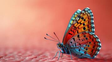 A stunning butterfly displaying brilliant colors rests gently on a textured surface photo