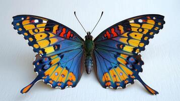 A brilliantly colored butterfly rests with wings open wide photo