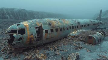 A derelict plane lies among rocky terrain, shrouded in an enigmatic twilight photo