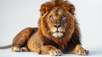 A powerful lion lounges elegantly, showcasing its stunning mane and strength photo