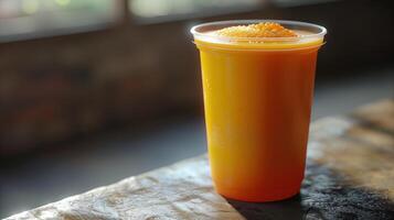 A vibrant orange drink topped with foam sits on a rustic wooden table photo