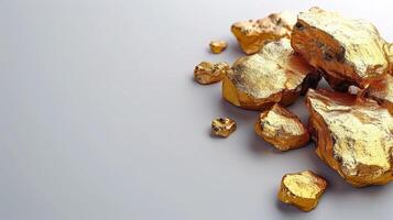 Shimmering golden nuggets rest artistically on a sleek pale background photo
