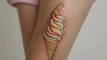 A whimsical tattoo of a multi-colored ice cream cone adorns the arm photo