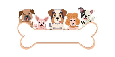 Cartoon different breeds of dogs with bone sign for design. vector