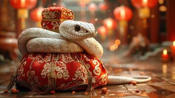 A white snake coils elegantly on a decorative cushion surrounded by lanterns photo