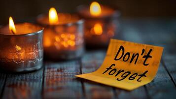 A reminder note rests beside glowing candles, creating a tranquil atmosphere photo