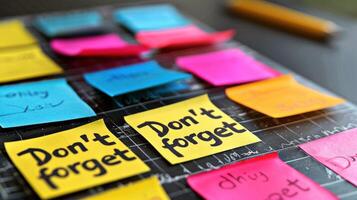 Bright sticky notes feature reminders arranged on a desk for daily tasks photo