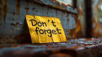 A yellow note with a reminder rests on an old, textured surface photo