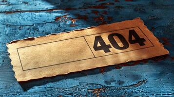 A weathered paper tag displaying the number 404 rests on a vibrant blue table photo