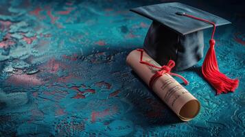 A graduation cap and diploma rest on a vibrant, colorful surface, symbolizing success photo
