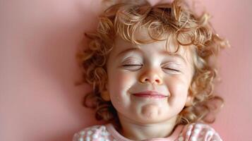 A cheerful toddler with curly hair smiles radiantly against a pink backdrop photo