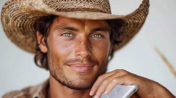 A charming cowboy smiles warmly, showcasing his rugged features and relaxed demeanor photo