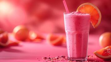 A vibrant pink smoothie garnished with a slice of citrus fruit photo