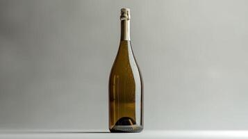 A full bottle of sparkling wine stands upright on a plain white surface photo