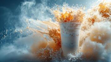 A refreshing drink bursts into a colorful splash, creating an artistic display photo