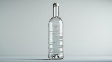A single glass bottle, empty and clear, sits on a white surface photo