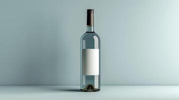 A wine bottle with a blank label sits on a shelf, awaiting its moment to be enjoyed photo