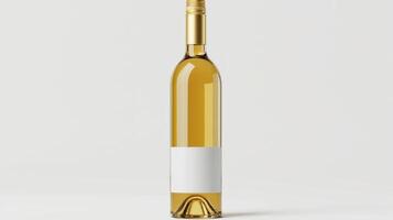 A lone bottle of white wine with a blank label stands ready for its journey photo