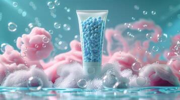 A tube of blue beads sits in a bath of water surrounded by pink clouds and bubbles photo
