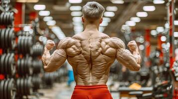 A man flexes his back muscles while standing in a gym photo