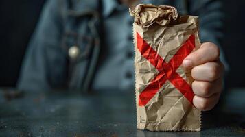 A hand holds up a crumpled piece of paper with a red X mark photo
