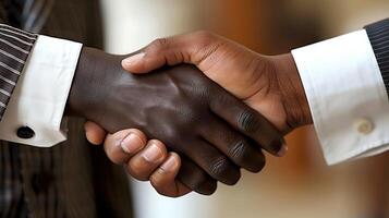 Two men in suits shake hands, demonstrating a professional connection photo