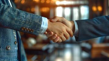Two businessmen shake hands, signaling an agreement in a bustling city setting photo