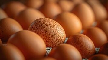Close-up shot of a speckled egg amongst a carton of smooth, brown eggs photo