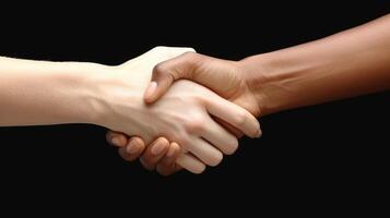 Two hands of different skin tones clasp together, symbolizing unity and respect photo
