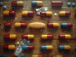 A close-up shot of assorted pills on a wooden surface photo