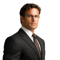 Professional man in a suit with glasses posing confidently in a studio setting png