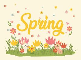 Two adorable bunnies nestled amongst vibrant spring flowers, with the word Spring in a cheerful hand-drawn script, creating a delightful springtime scene. vector