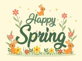 A cheerful springtime greeting card featuring the words Happy Spring in a whimsical green font, surrounded by adorable bunny rabbits vector