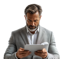 Man in gray suit using a tablet while concentrating on a task in a well-lit setting png
