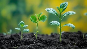 This image features three young plants growing in fertile soil with a blurred green and yellow background photo
