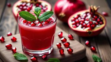 Refreshing Pomegranate Juice with Mint Garnish on Rustic Wooden Table photo