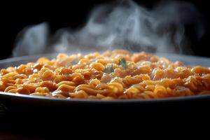 Steaming Plate of Freshly Prepared Pasta with Sauce and Herbs for Culinary Inspiration photo