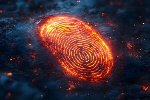 Biometric Technology Concept Glowing Digital Fingerprint on Dark Background for Security Design photo