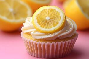 Lemon Cupcake with Frosting on Pink Background Confectionery Art for Culinary Designs photo