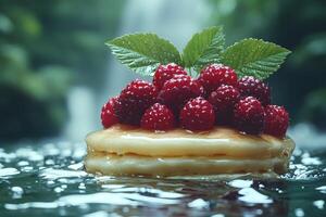 Delicious Pancake Stack with Raspberries in a Natural Waterfall Setting photo
