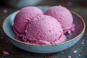 Delicious Scoop of Strawberry Ice Cream in Rustic Bowl for Dessert Design photo