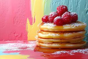 Stack of Pancakes with Raspberries on Colorful Background - Perfect for Breakfast Themes photo