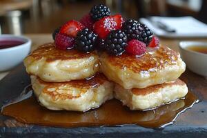 Delicious Stack of Fluffy Pancakes with Fresh Berries and Maple Syrup photo