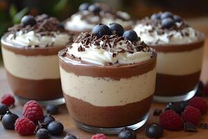 Luxurious Chocolate and Vanilla Mousse Dessert with Fresh Berries Garnish for Gourmet Presentation photo