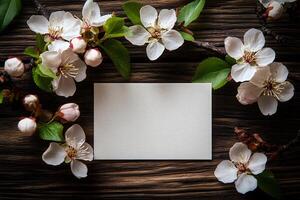 Spring Blossom Card Design with Cherry Blossoms on Rustic Wood Background photo