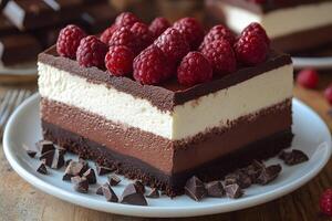 Decadent Chocolate Raspberry Layered Cake with Ganache and Cream photo