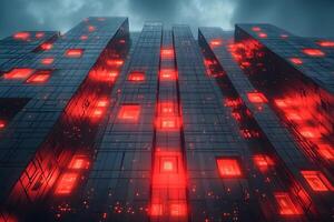 Futuristic Urban Architecture with Illuminated Red Lights in Cyberpunk Style for Modern Design photo